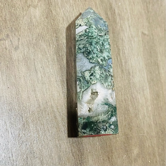 SOLD Moss Agate With Geode Inclusions Crystal Tower - Picture 3 of 7